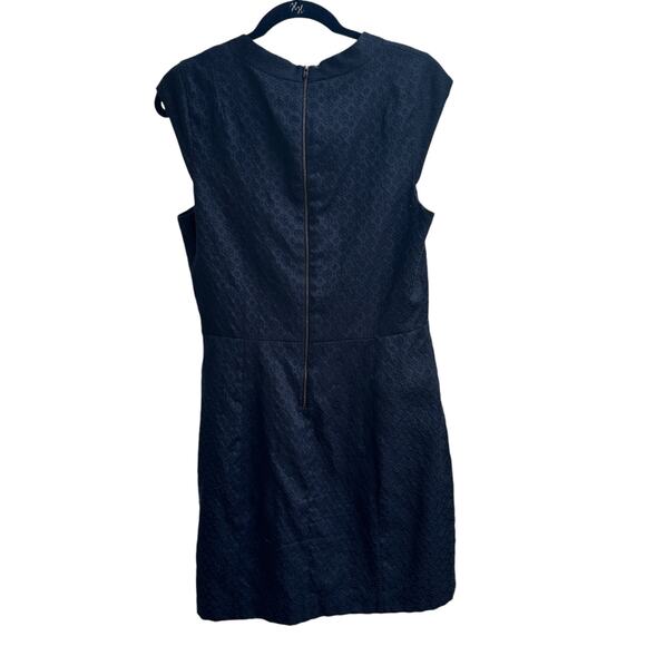Theory Embroidered Navy Blue Cap Sleeve Dress Size 10 Textured Formal Dressy - Picture 4 of 11